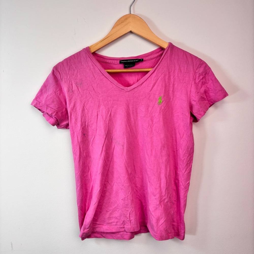 Ralph Lauren Sport Pink V Neck T Shirt Green Pony Logo Y2K Preppy Small